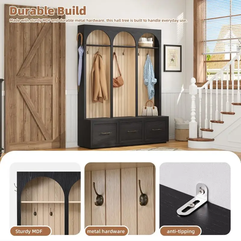 Elegante albero da ingresso in legno con design ad arco, panca da ingresso larga 59", 8 ganci retrò, appendiabiti rustico e organizer per scarpe con 3