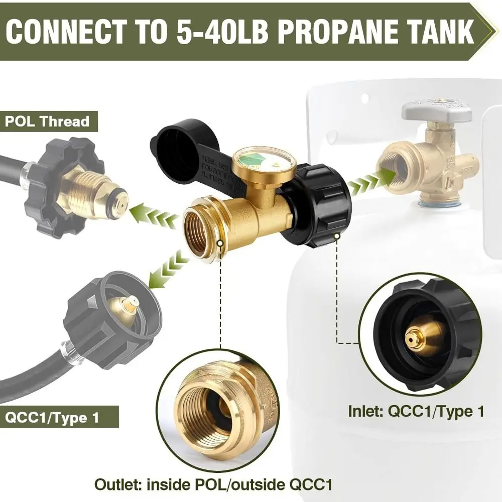 Conector ajustable para tanque de propano, adaptador de recarga de tanque de propano QCC1/Type, a prueba de fugas, manómetro de latón duradero para tanque de propano