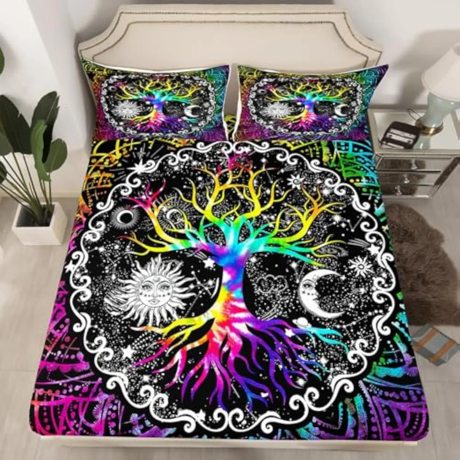 

Простыни Trippy Sun and Moon Twin, черно-белый комплект постельного белья для детей, мальчиков и девочек, психоделическая простыня «Древо жизни», Galaxy