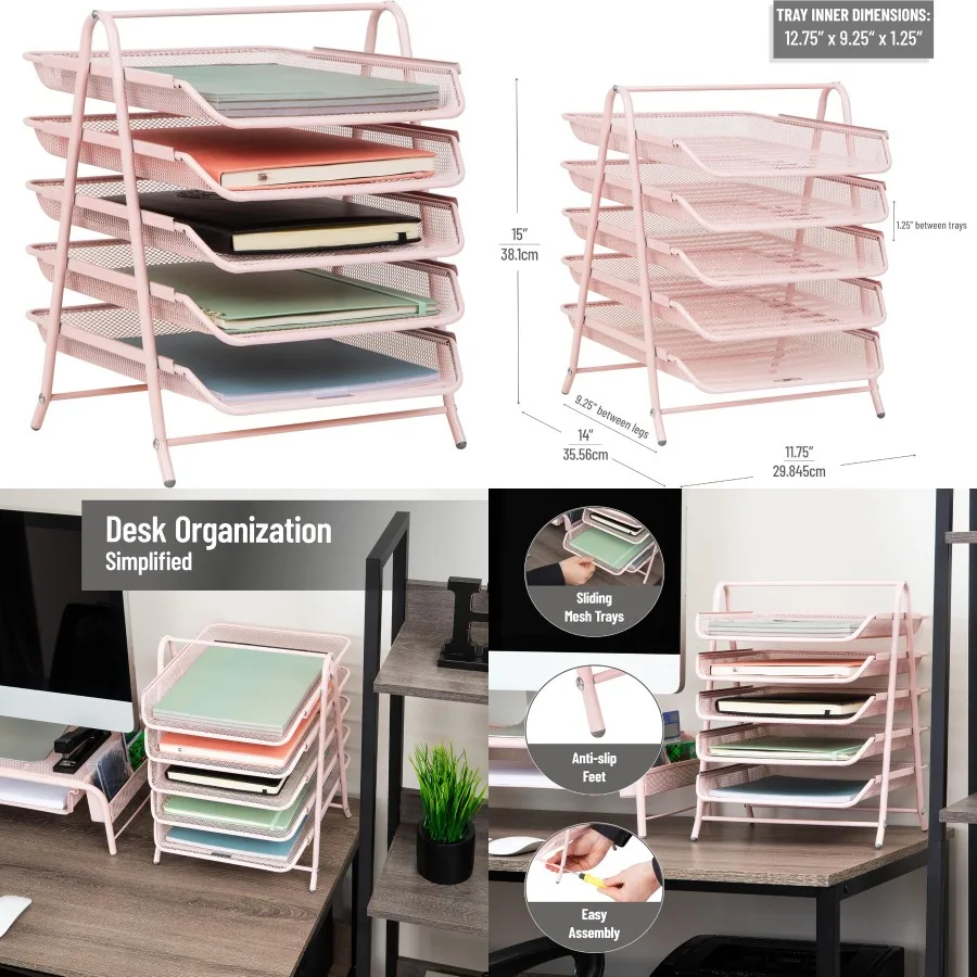 منظم صينية ورق عمودي مكون من 5 طبقات مع تصميم شبكي معدني لتخزين ملفات سطح المكتب الفعالة في بيئات المكتب المدمجة P