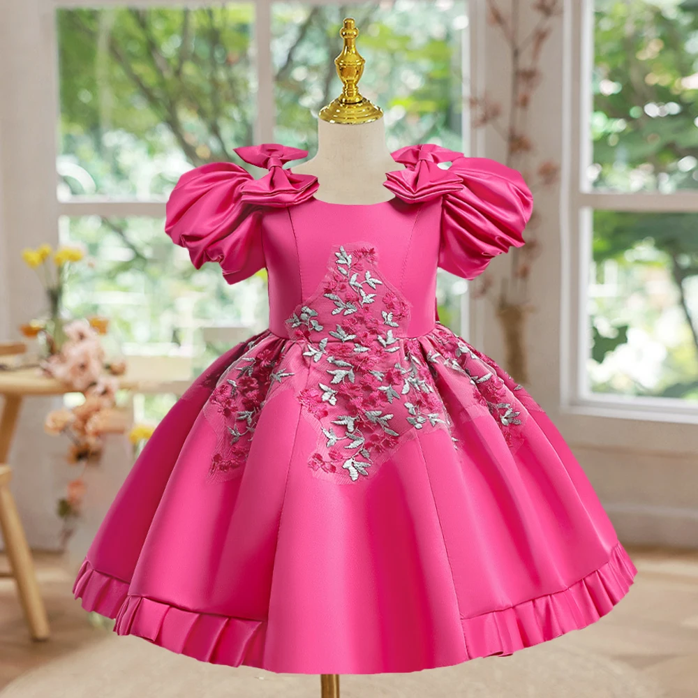 Embroidery Flower Princess Party Dress For Girl Children Costume Puff Sleeve Kids Clothes Birthday Wedding Gown Prom Vestidos