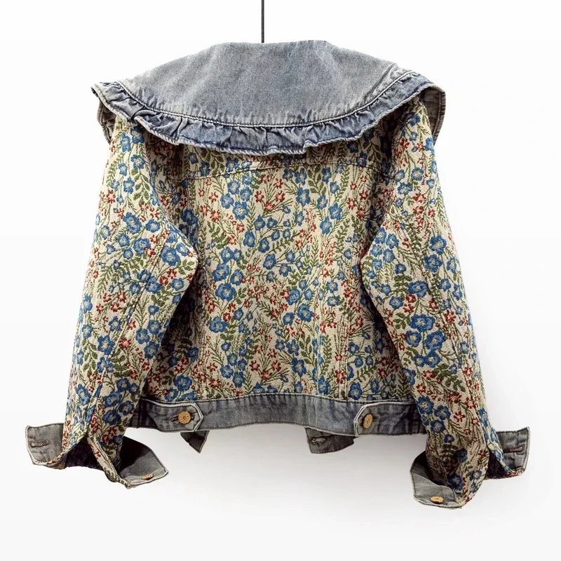 Volants broderie Jacquard col claudine épissé veste en jean femmes court Cowboy vêtements d'extérieur jean veste femme Chaquetas Mujer