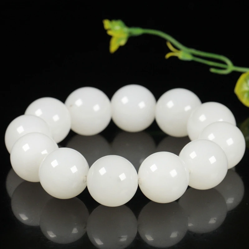 High Quality Hetian Jade Suet White Jadpes Hand-carving Round Beads Bracelet Noble Grace Bangle Exquisite Handring Fine Jewelry