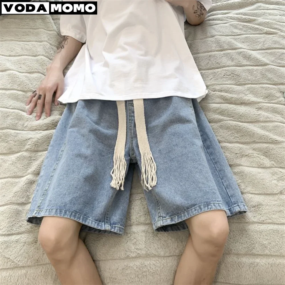 Pantalones cortos de mezclilla bordados en inglés verde para hombre, pantalones cortos de pierna ancha holgados con cintura elástica a la moda, pantalones cortos de estudiante Y2k