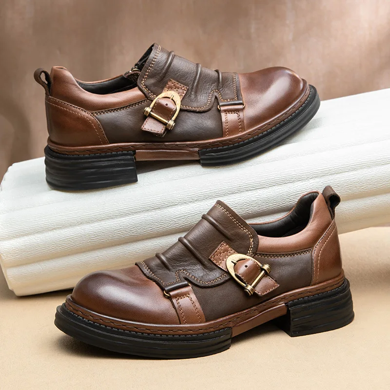 

YETTIES Men's Genuine Leather Business Casual Shoes, Non-Slip Elevator Platform Derby, Retro Chunky Sole Fashion Footwear