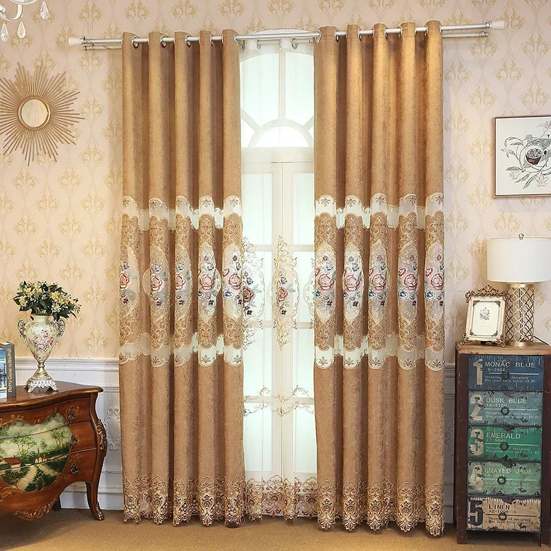 High-quality Embroidered Hollowed Curtains for Living Room Bedroom Villa Luxury European Retro Chenille Semi Shadings Curtains