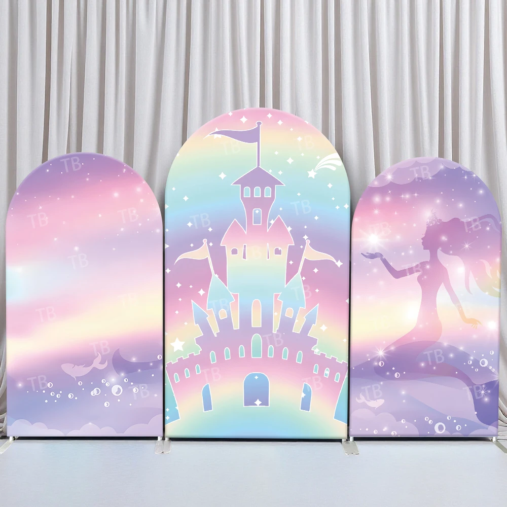 

TB Disney Princess Theme Arch Backdrop Cover Castle for Girls Birthday Party Decor Baby Shower Photo Background Elastic Fabric