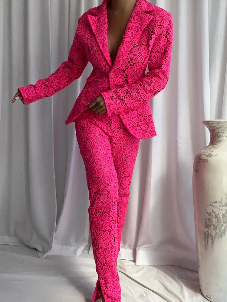 Hot Pink Lace Two Piece Set For Women Floral Hollow Out See Through Blazer Jacket & Slim Fit Pants Elegant Party Suit 2026 - view 2