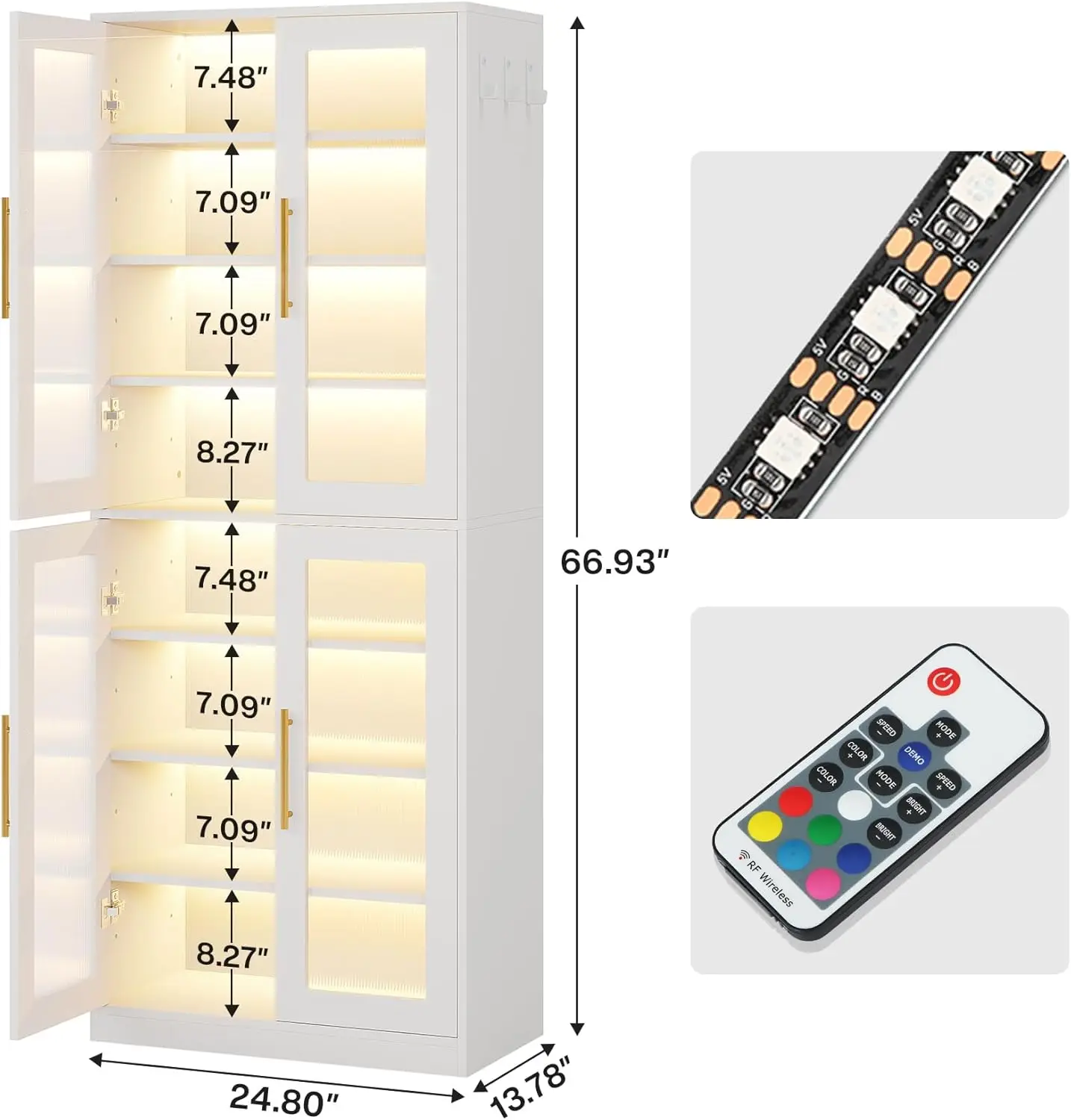 Tall Shoe Storage Cabinet with Acrylic Doors and LED Lights, 8-Tier Entryway Shoe Organizer Rack with Adjustable Shelves and Han