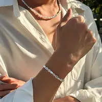 New Fashion Oval Imitation Pearl Chain Bracelet Necklace Men Women Handmade Classic Chain Beads Bracelet for Men Jewelry Set 2