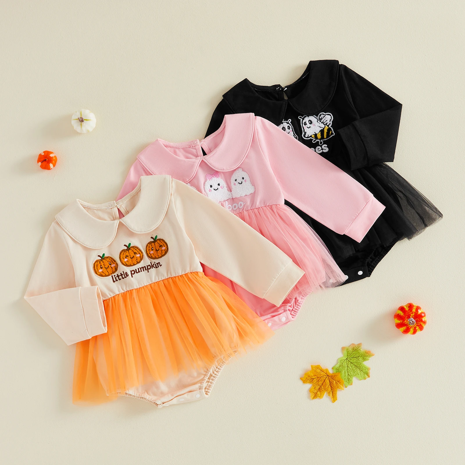 0-24Months Newborn Baby Girls Halloween Romper Dress Long Sleeve Doll Collar Ghost/Pumpkin Embroidery Playsuit