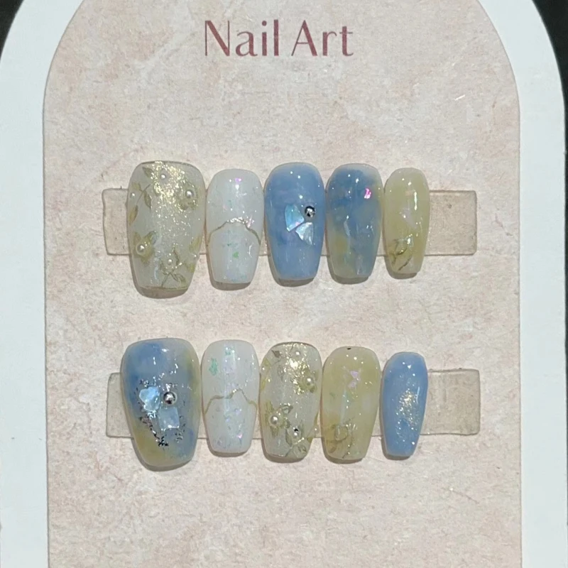 10Pcs Blue Halo Ballet Fake Nails with Glue Wearable Hand Painted Star River Gold Line Press on False Nails Full Cover Nail Tips