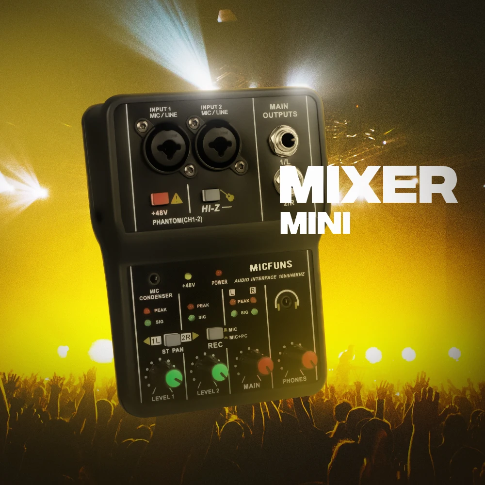 MICFUNS Q-12 2-Channel 16Bit 48KHz Mini Audio Mixer Sound DJ Console with Type-B for Music Recording Performance Live Streaming