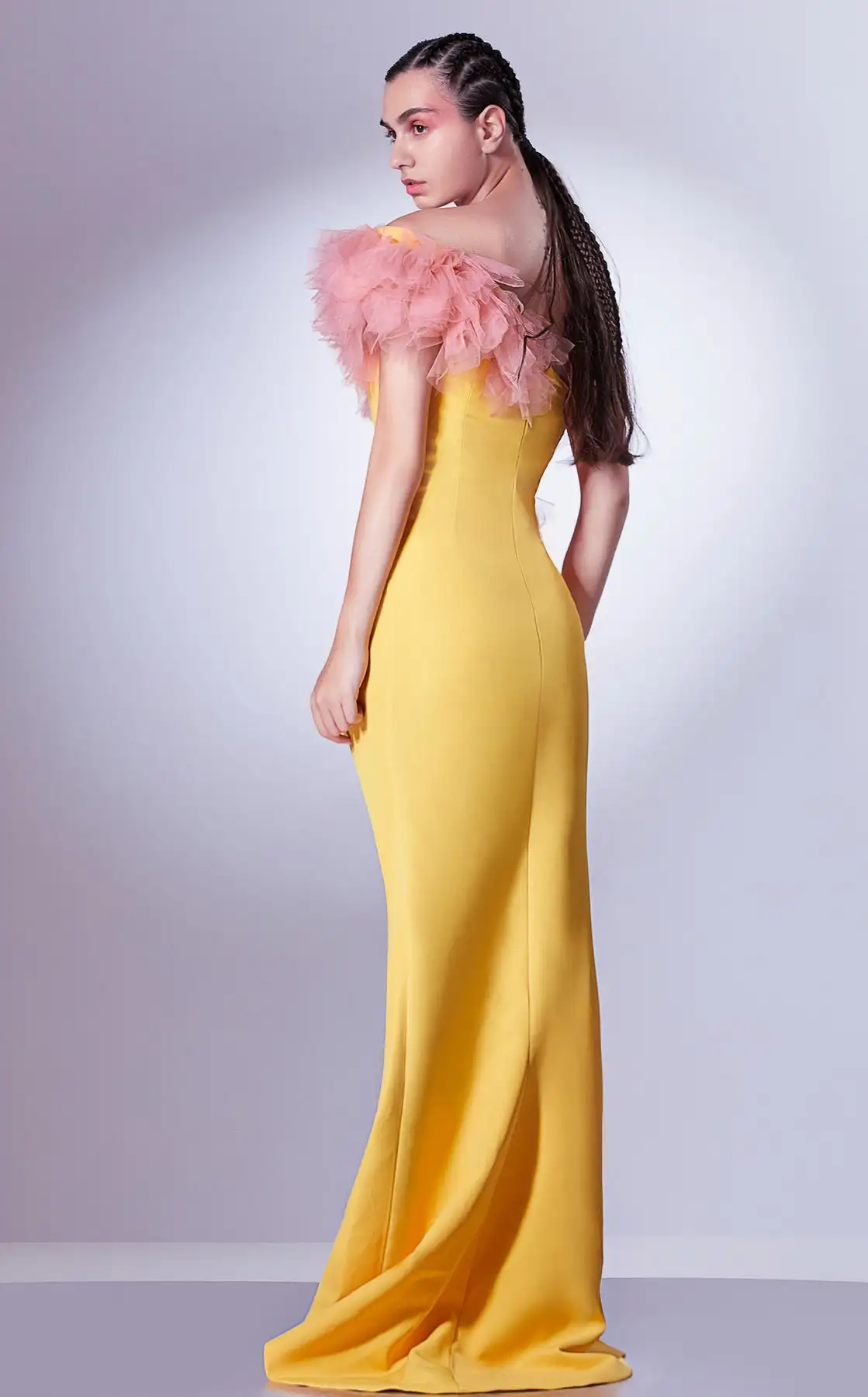 Fashion Yellow And Pink Mix Color Split Prom Dresses One Shoulder Ruffles Tulle 4 Ways Elastic Long Prom Gowns