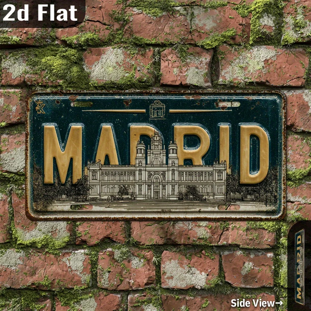2D Flat, 1pc Madrid Spain Metal Vintage Aluminum License Plate Wall Art - 30.23cm x 15.24cm Retro Outdoor/Indoor Decor for Garag