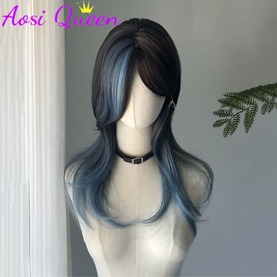 Black Blue Highlighted Long Straight Synthetic Wigs For Women Middle-parted Wolf Tail Layered Wig Suitable For Daily Role Playin