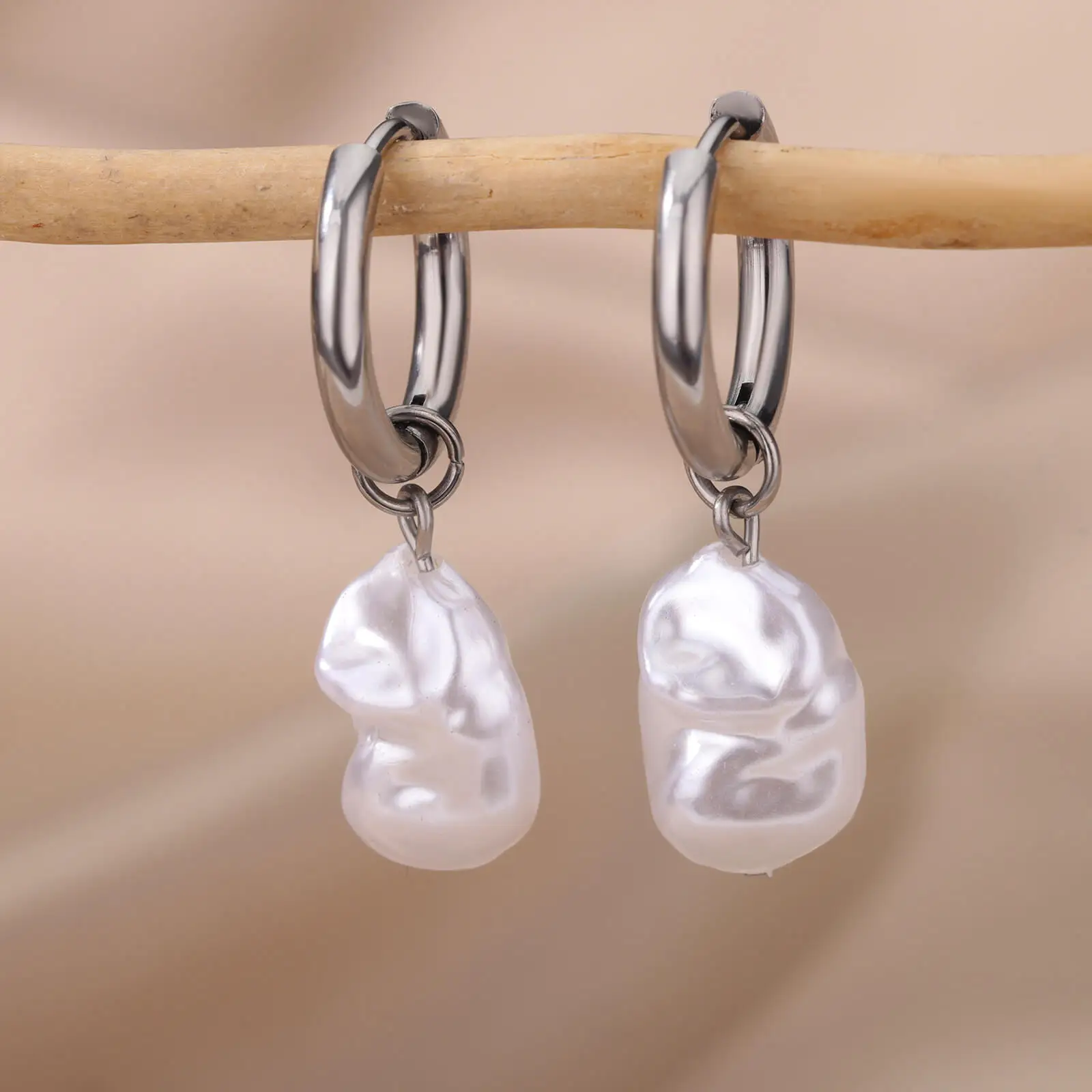Baroque Pearl Earrings For Women Stainless Steel Water Droplet Silver Color Ring Drop Earring Wedding Party Jewelry Bijoux Femme