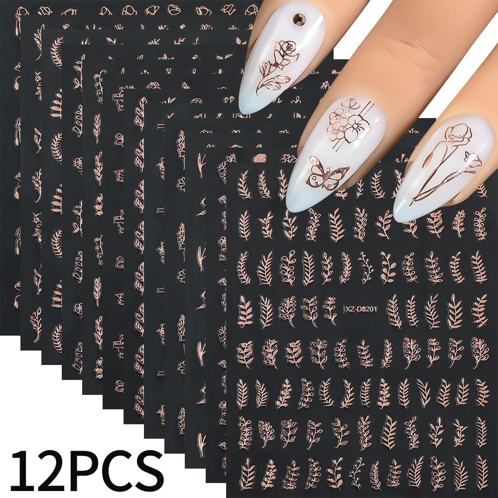 12Pcs 3D Rose gold Leaf Nail Art Stickers Metallic Floral Leaves Self Adhesive Sliders Bronzing Flower Butterfly Manicure Decals