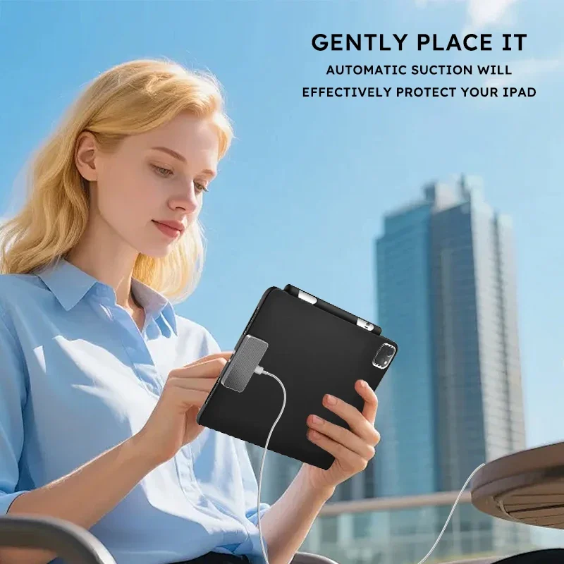 وحدة شاحن لاسلكي مغناطيسي من سبائك الألومنيوم مع حافظة حماية لجهاز iPad Pro 13 بوصة/11 بوصة 18 وات شاحن موصل ذكي سريع الشحن