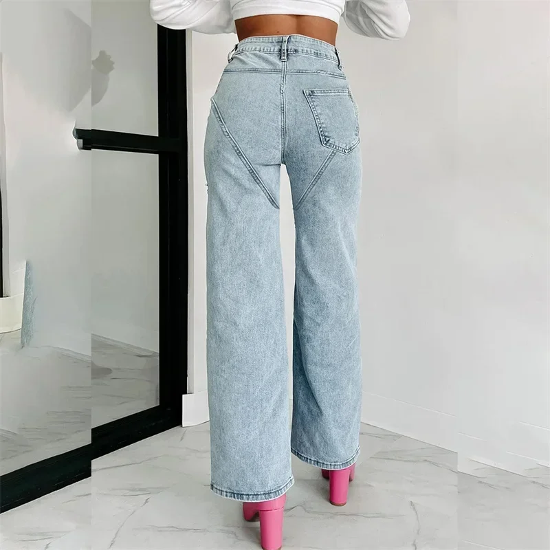 2024 Fashion Thigh Split Diamante Decoration Straight Jeans Women Casual Denim Trousers High Waist Pants Female Trend Streetwear