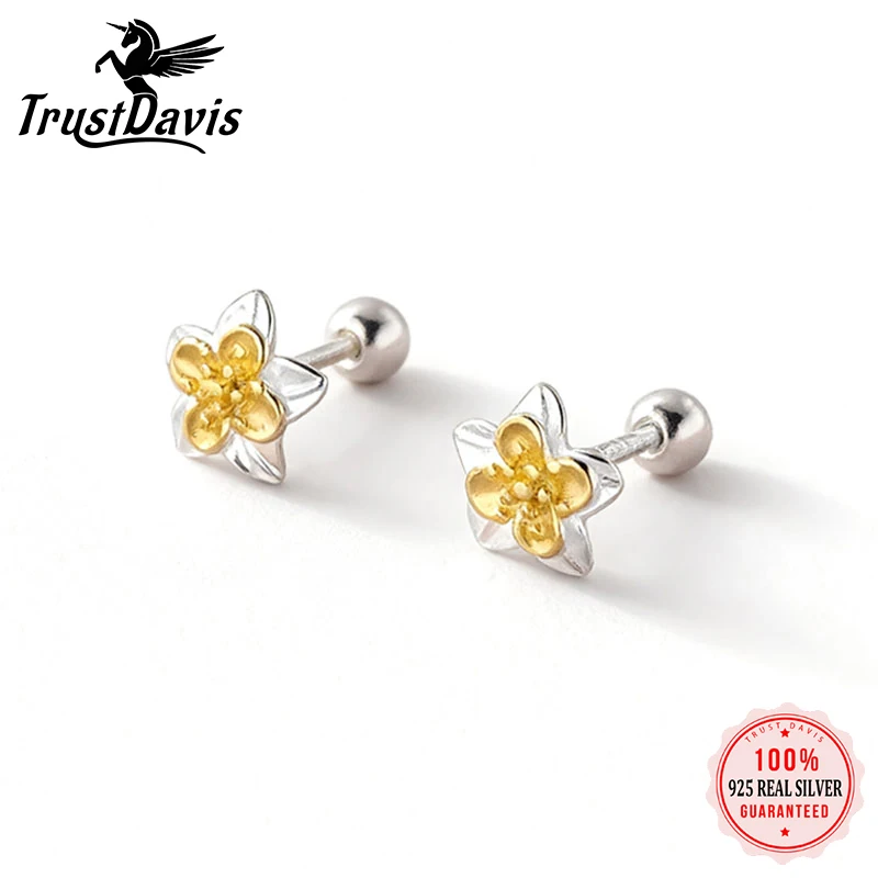 Trustdavis Real 925 Silver Fashion and Elegant Two-tone Flower Screw Earrings for Women Minimalist Fine Jewelry DS4893
