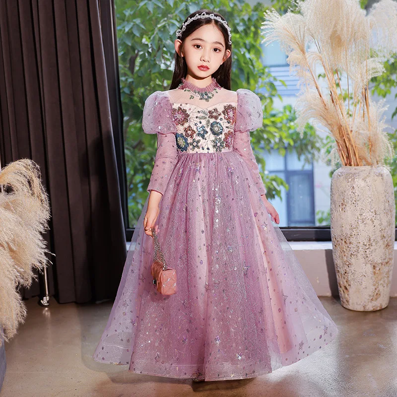 

Little Girl Purple Embroidered Evening Long Gown Elegant Wedding Bridesmaid Maxi Dress Children Luxury Pageant Cute Gala Dresses