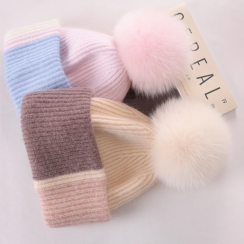 2024 New Natural fox Fur Pom Pom Hat Fashion Stitching Color Winter Hat for Girl Women Warm Beanies High Quality Fur Pompom Hat