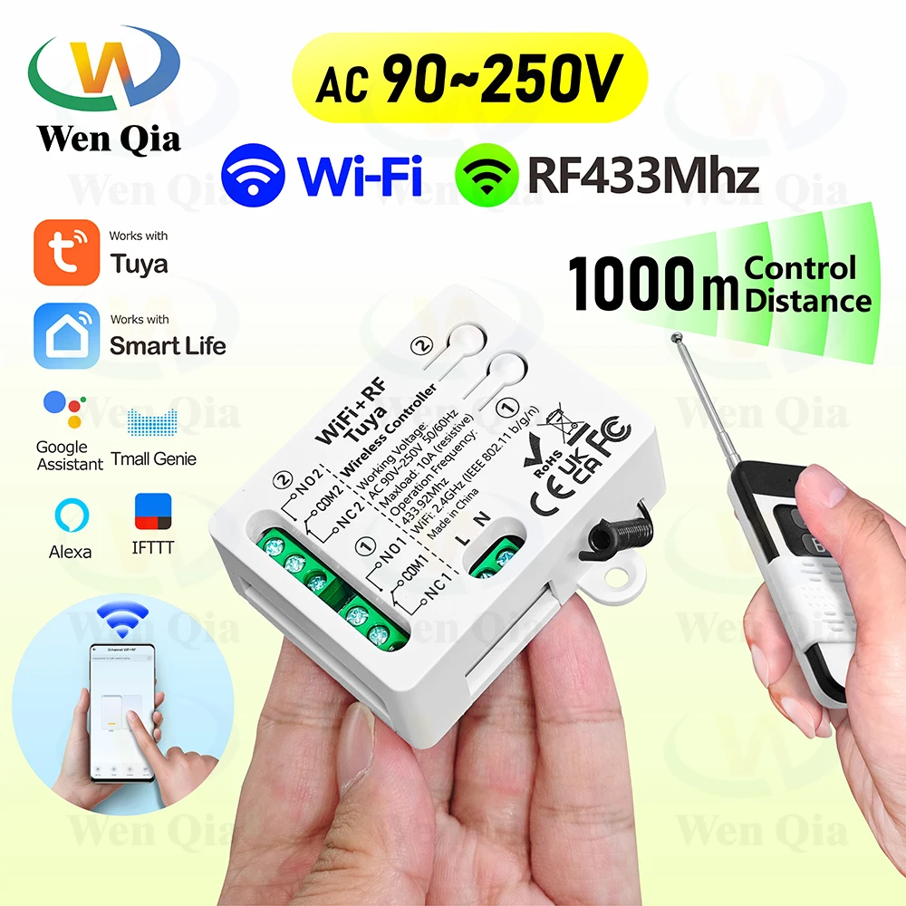 Tuya WiFi RF Smart Motor Switch Light Switch 110V 220V 230V 10A 2 Channels 1000m Range Alexa Google Home,for Lamp Motor Fan