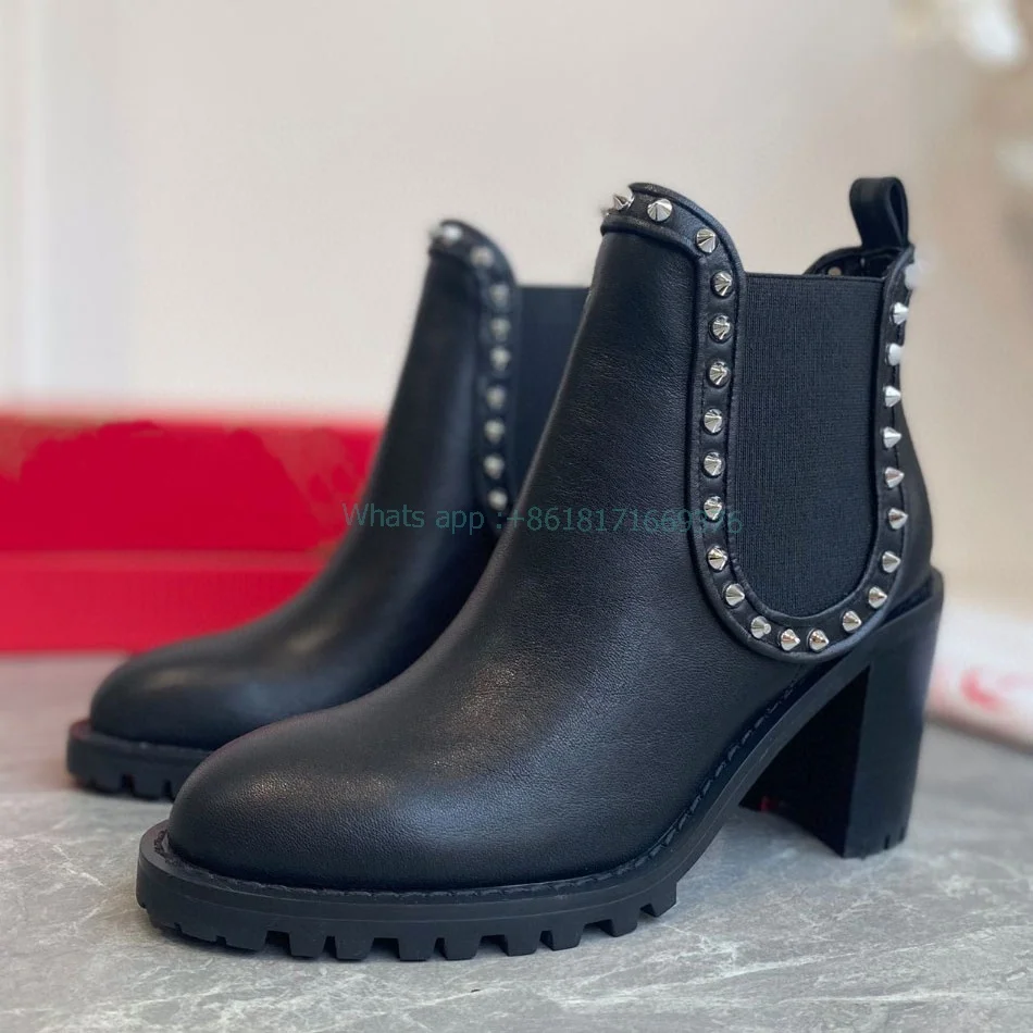 

Women Luxury Studed Round Toe Ankle Boots Block High Heel Rivet Decor Booties Evening Shoes Dress Real Leather Zapatillas Mujer