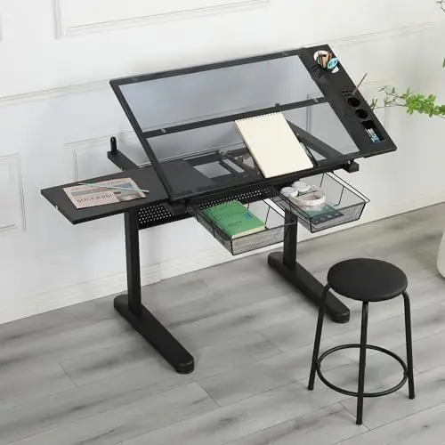 Glass Craft Table Drawing Desk – Drafting Tables Hobby Table Writing Studio Art Artist Desk with Adjustable Tilted view 6