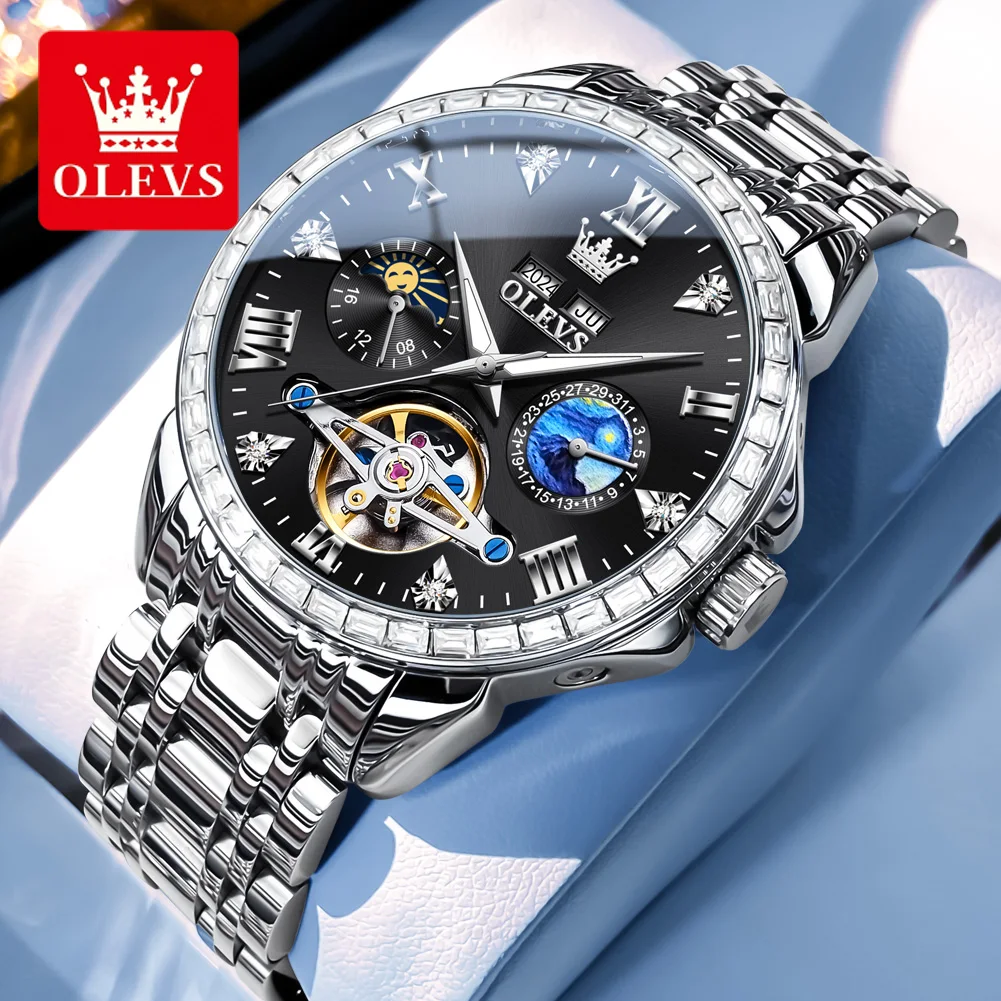 

OLEVS Brand New Luxury Tourbillon Mechanical Watch for Men Stainless Steel Waterproof Automatic Moon Phases Wristwatches Mens