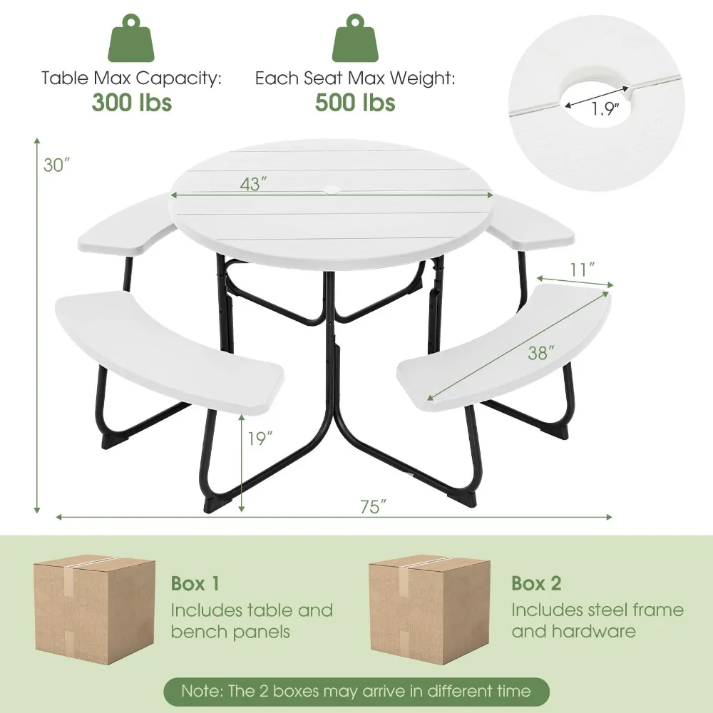 Conjunto de mesa de piquenique para até 8 pessoas, mesa redonda ao ar livre e banco com guarda-chuva, pátio para jardim