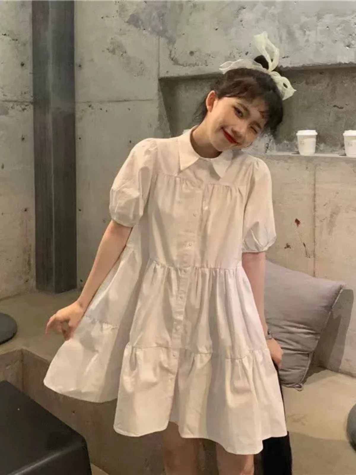 Sweet Bubble Sleeve Shirt Dress Loose Waisted Doll Style First Love Summer Korean Version Forest System Midi Dress for Women