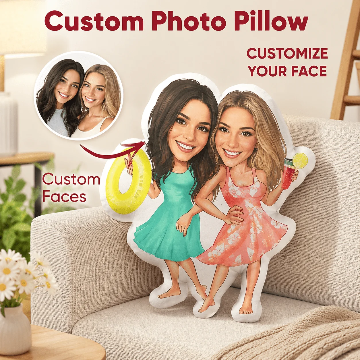 Custom Personalized Photo Face Pillow, Beach Couple Custom Shaped Decorative Cushion, 60cm Large Size Accent Pillow for Sofa & B