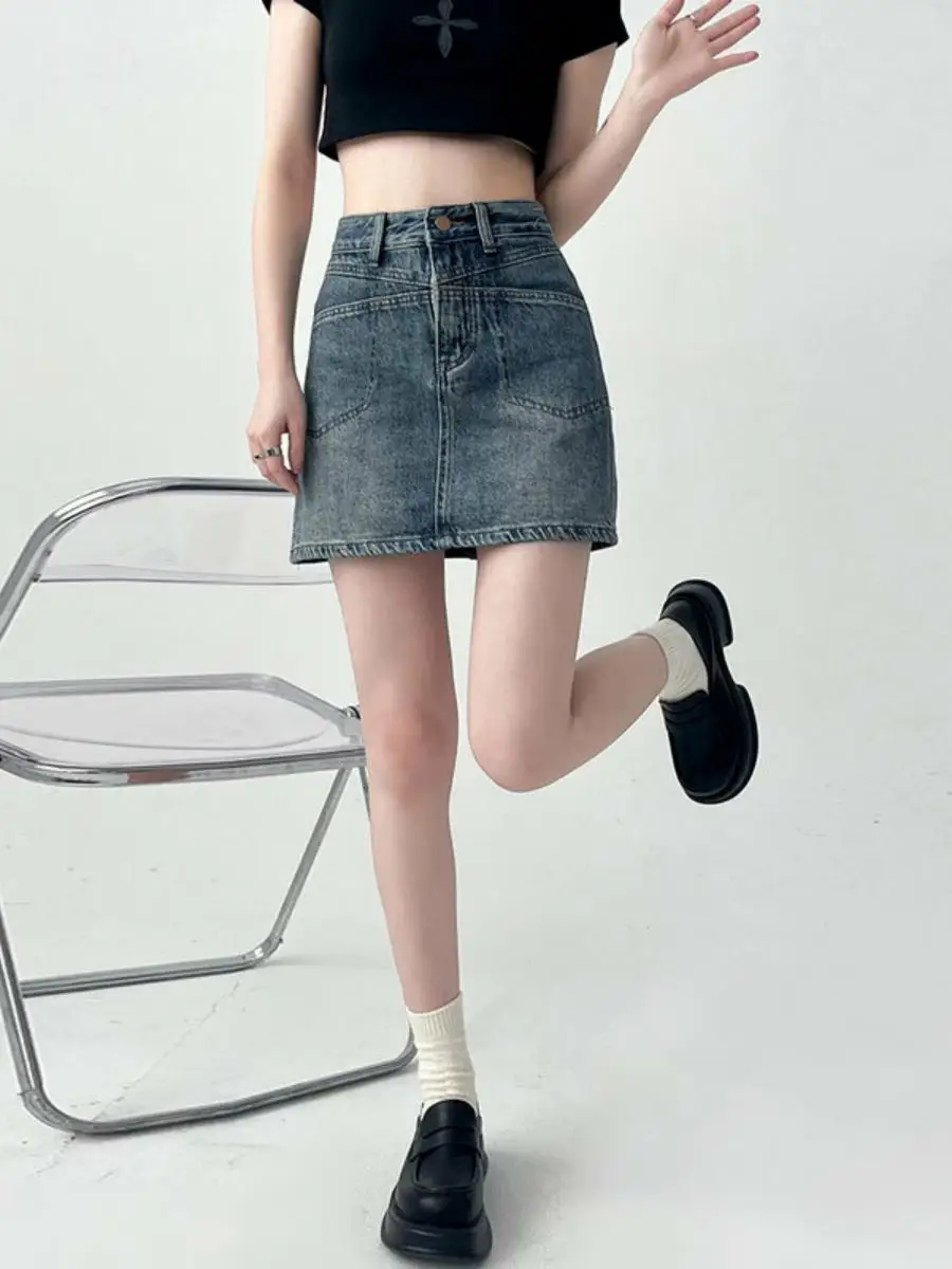 

Юбка трапециевидной формы в стиле ретро, джинсовая женская джинсовая юбка с высокой талией и разрезом, повседневная юбка Ins Sle, закрывающая бедра, контурные юбки