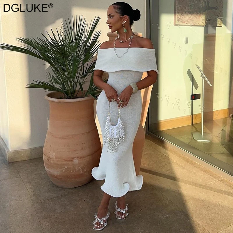 

DGLUKE Off Shoulder Long White Dress For Women Slash Neck Backless Bodycon Maxi Dress With Flounces Elegant Evening Party Dress