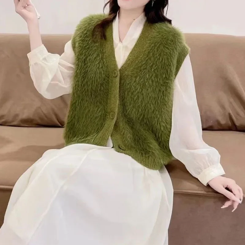 

Pop Autumn Winter Soft Warm Color V-Neck Sweater Vest Women Outdoor Korean Loose Cardigans Sleeveless Knitted All-match Coat 202