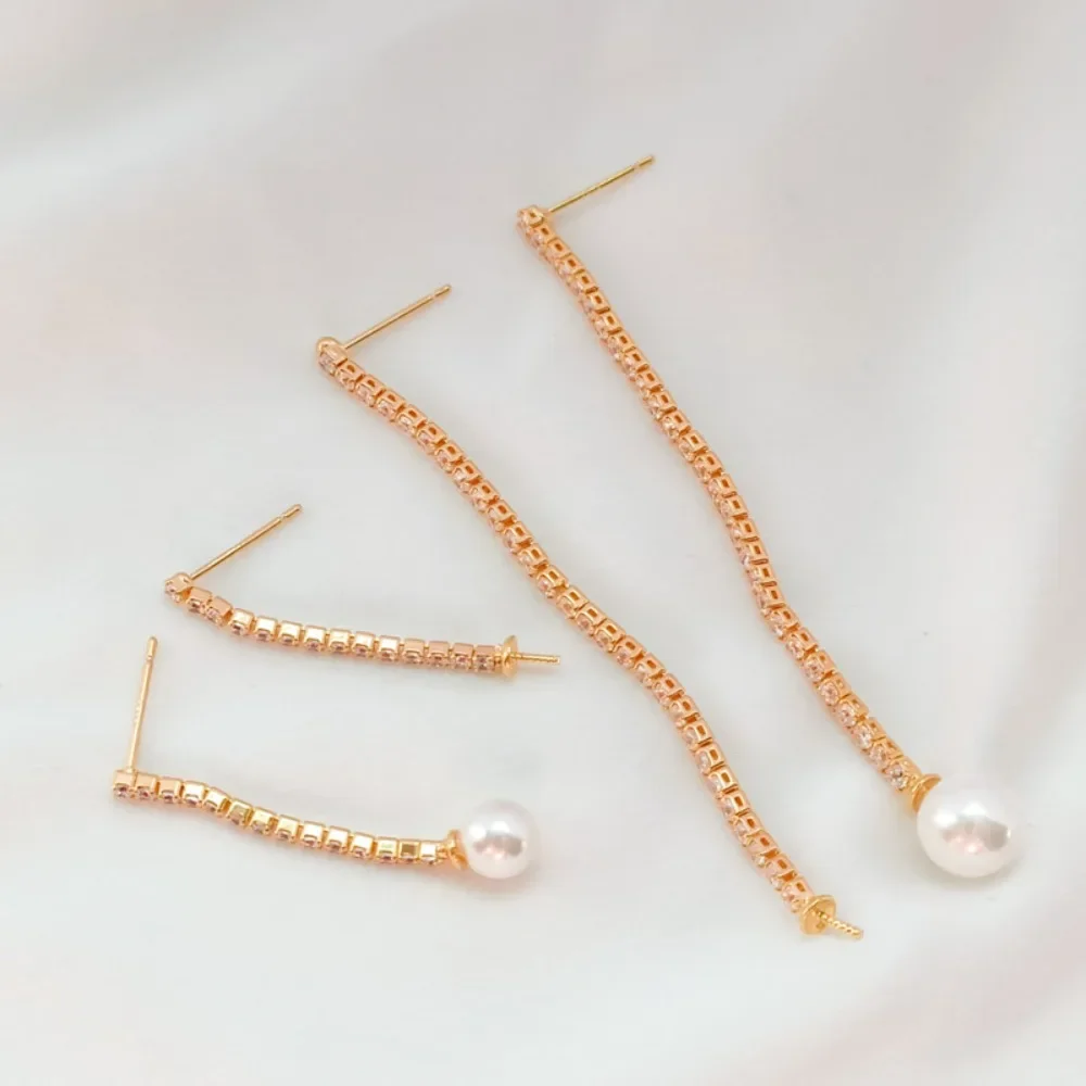 

14K Gold-plated 2mm Zircon Claw Chain Half-hole Pearl Holder 925 Silver Ear Needle DIY Tassel Earrings