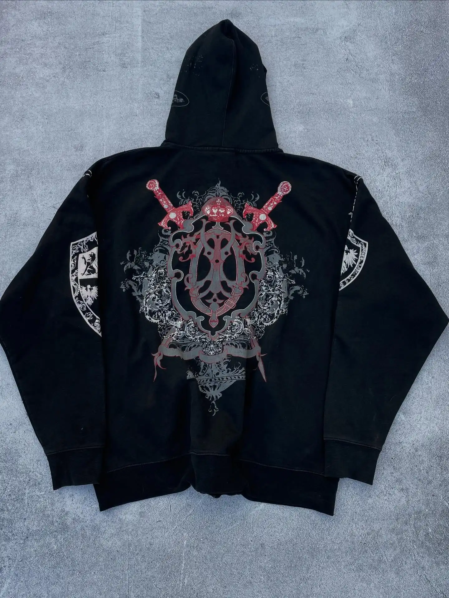 Archaic Gothic Metal Axe Embroidery Print Zip Hoodie White Dotted Lin Design Vintage Dark Style Academia Streetwear Tops