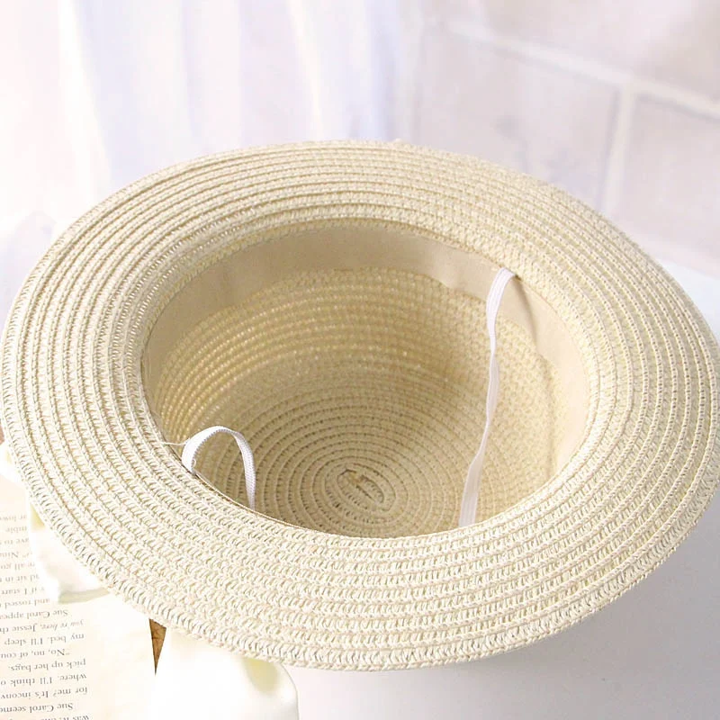 Fashion Bow Kids Straw Sun Hats Kids Girls Summer Beach Hats 50-52-54cm Children Flat Visor Caps Sun Protection