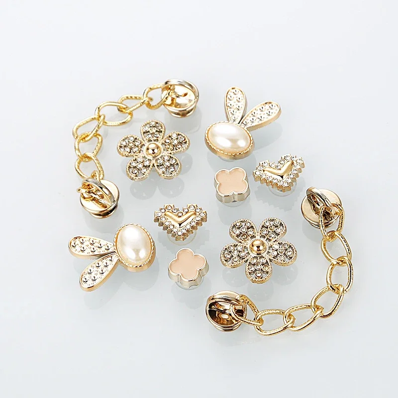 10 Pcs Chic Clogs Charms Luxury Gold Chains Flower Diy Detachable for Garden Shoes Accessories Decorations Sets for Women Gifts