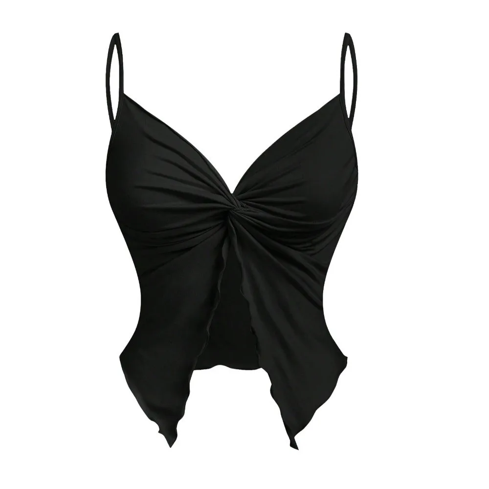 Hottie Twist Front Split Crop Top V Neck Y2K Halter Neck Top Slim Fit Streetwear Sleeveless Camisole Casual Wear