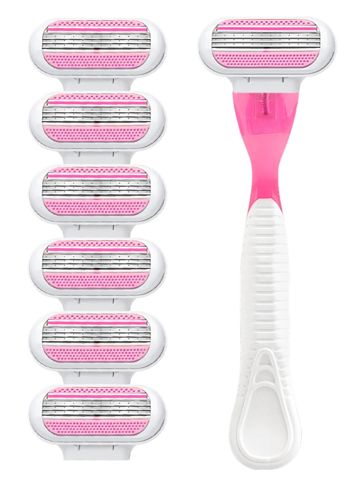 3-Blade Razor for Women & Men, Shaver for Body Hair Removal on Legs, Underarms, Bikini Zone, Shaving Set w/ 1 Handle & 6 Refills