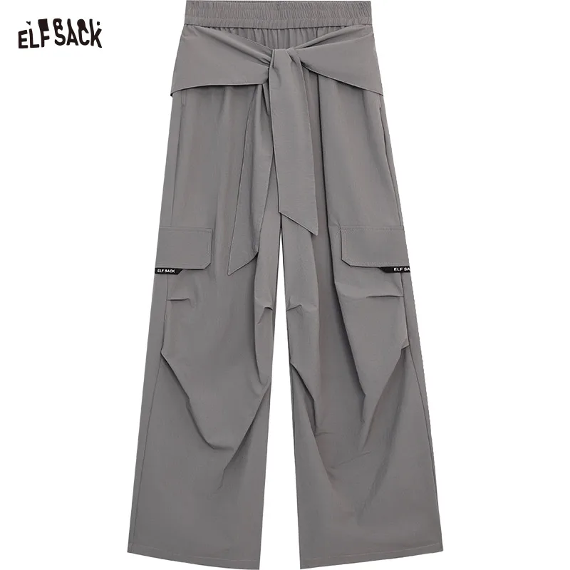 ELFSACK 2025 Spring New Arrivals Grey Casual Lace-Up Cargo Pants Elastic Waist Wide Leg Pants Woman