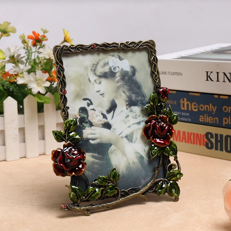 Vintage Red Rose Enamel Metal Photo Frame 5x7 inch,bedroom countertop high-end photo frame ,Home Desktop Wedding Decoration Gift