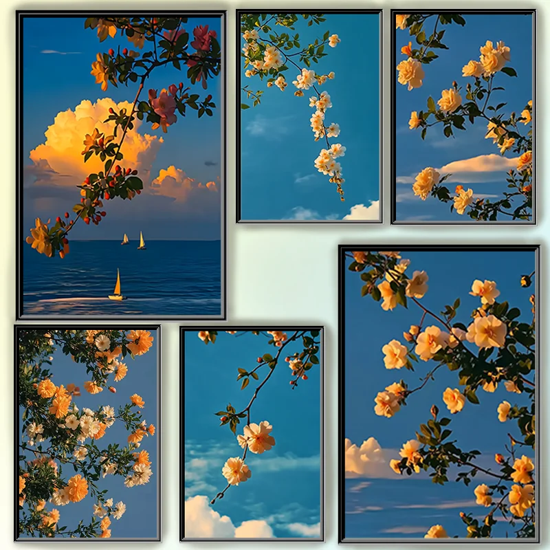 

Modern Realism Photographic Dreamy Sunset Sea Outside Window Blue Sky Flower Poster Wall Art Home Living Room Bar Garage Prints