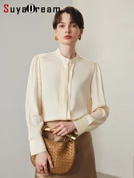 SuyaDreamm, Woman Solid Shirts, 90%Silk 10%Spandex, Stand Collar Chic Blouses, 2024 Spring Summer Office Lady Top