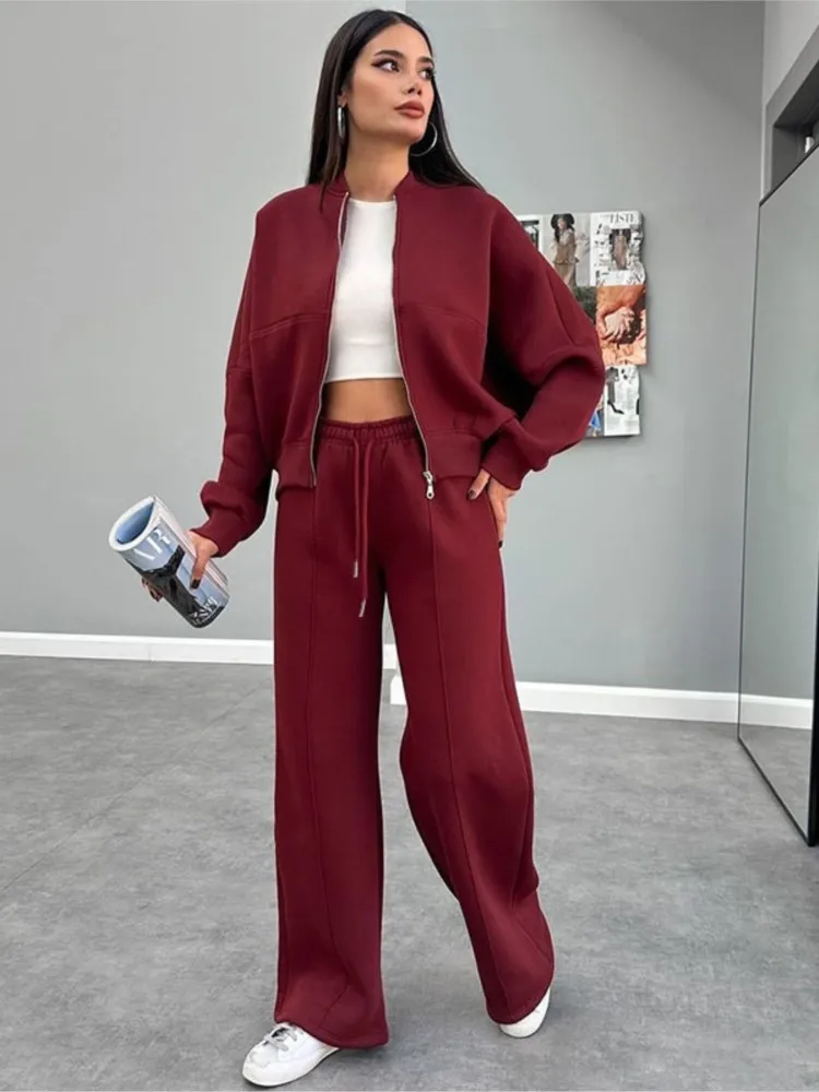 

Sweatshirt Solid Two Piece Set For Women Casual O-neck Zipper Jackets And Loose Lace-up Pants Outfits Autumn Fashion Sports Sets