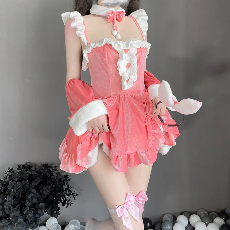 Pure Libido Autumn and Winter Velvet Sexy Uniform Kawaii Red Santa Costume Pink Halter Maid Dress Carnival Masquerade Party Set