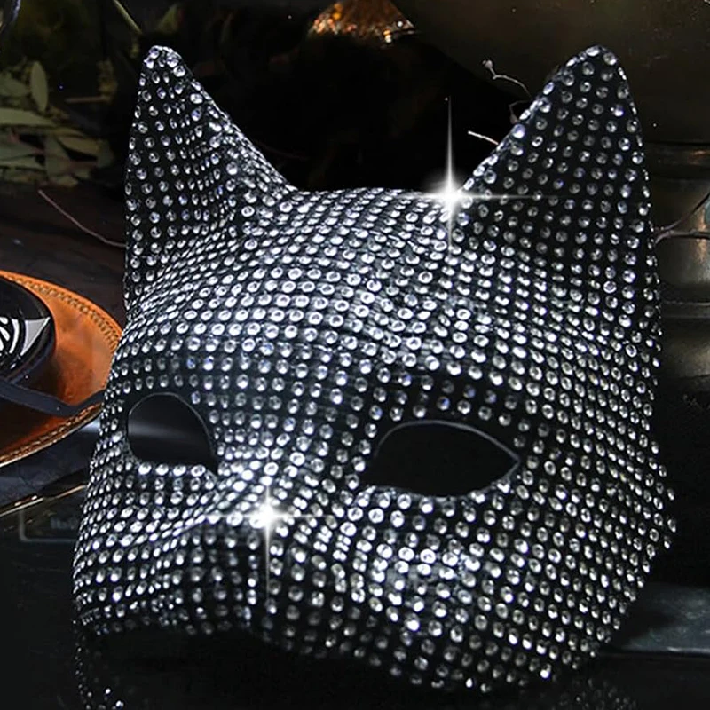 

Unisex Cat Diamond Mask Sexy Half Face Eye Mask Halloween Party Cosplay Mask Costume Props Male Female Role-Playing Toy
